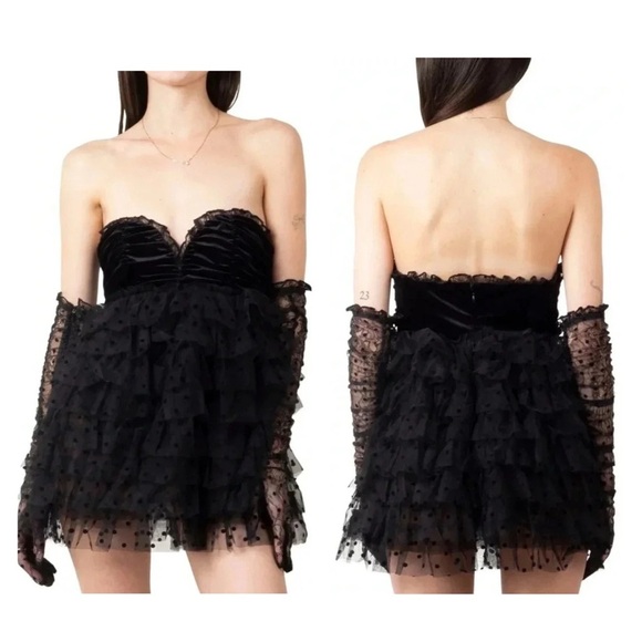 For Love & Lemons Black Jourdan Polka Dot Tulle Mini Dress w/ Gloves XL NWT - Picture 1 of 9